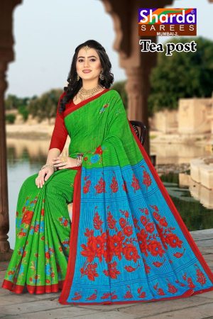 Tea Post Cotton Saree with Green and Blue with Authentic Design