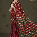 Milan Fashion cotton saree in maroon and dark green with rose flower design