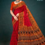 Red and orange season varli cotton saree with animal design