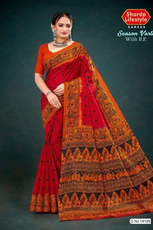 Red and orange season varli cotton saree with animal design