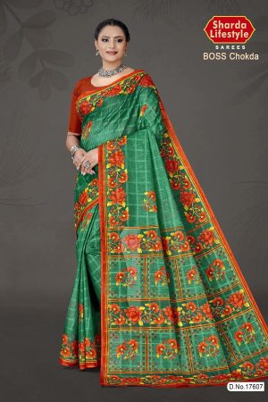 Boss Chokda cotton saree in dark green and orange with simple design