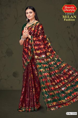 Milan Fashion cotton saree in maroon and dark green with rose flower design