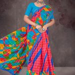 Colour Cinderella cotton saree with blue border and multi-color design