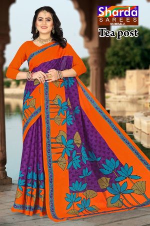 Tea Post Cotton Saree with Orange and Magenta with Authentic Design