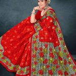 Lunch Break cotton saree in red and grey with rose flower design