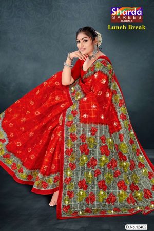 Lunch Break cotton saree in red and grey with rose flower design