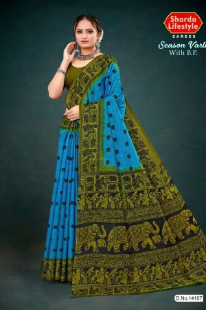 Blue and green season varli cotton saree with animal design