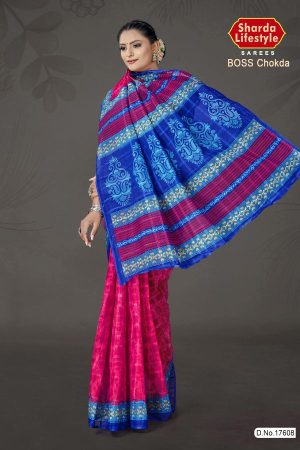 Boss Chokda cotton saree in blue and pink with simple design