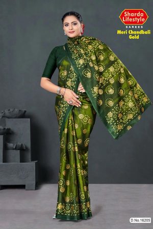 Meri Chandbali Gold Cotton Saree in Light Green and Dark Green with Crack Blast Design