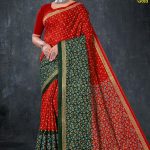 Bhagya Vidhata Gold cotton saree in red and dark green with small flower design