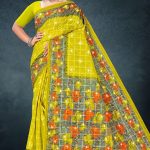 Lunch Break cotton saree in lime yellow and grey with rose flower design