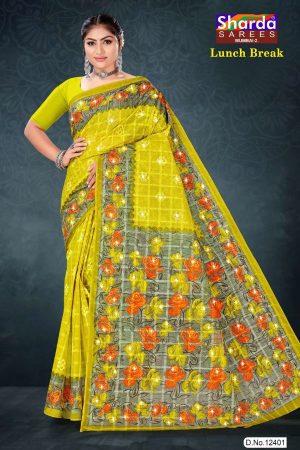 Lunch Break cotton saree in lime yellow and grey with rose flower design