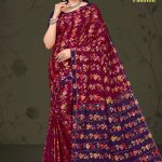 Milan Fashion cotton saree in maroon and metal blue-green with rose flower design