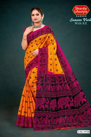 Orange and pink season varli cotton saree with animal design