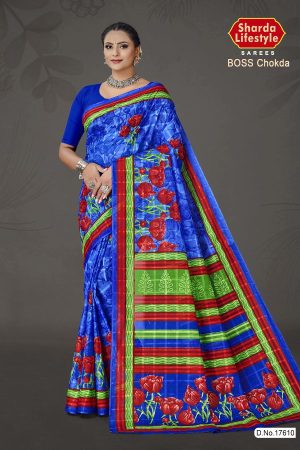 Boss Chokda cotton saree in blue and red with simple design