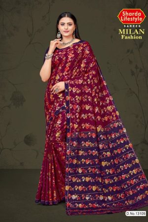 Milan Fashion cotton saree in maroon and metal blue-green with rose flower design