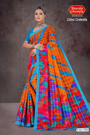 Colour Cinderella cotton saree with light blue border and multi-color design