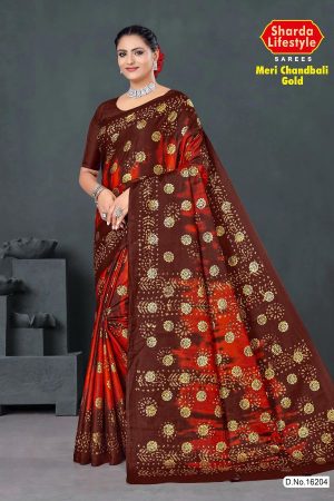 Meri Chandbali Gold Cotton Saree in Maroon and Red with Crack Blast Design