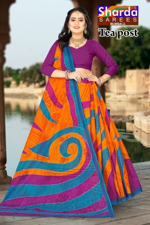 Tea Post Cotton Saree with Orange and Purple with Authentic Design