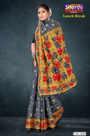 Lunch Break cotton saree in grey and red with rose flower design