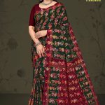 Milan Fashion cotton saree in dark green and metal red-green with rose flower design