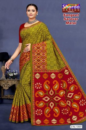 Chutney green and red sangeet sarovar cotton saree with embroidery design