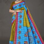 Boss Chokda cotton saree in mehndi and sky blue with simple design