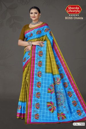 Boss Chokda cotton saree in mehndi and sky blue with simple design