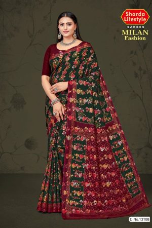 Milan Fashion cotton saree in dark green and metal red-green with rose flower design