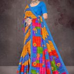 Colour Cinderella cotton saree with blue border and multi-color design