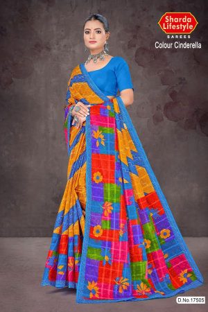 Colour Cinderella cotton saree with blue border and multi-color design