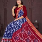 Hyko Puram Cotton Saree in Dark Blue and Red Color with Unique Design