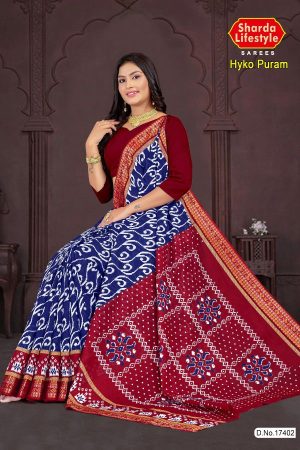 Hyko Puram Cotton Saree in Dark Blue and Red Color with Unique Design