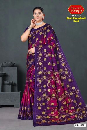 Meri Chandbali Gold Cotton Saree in Magenta and Purple with Crack Blast Design