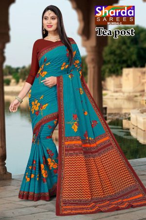 Tea Post Cotton Saree with Blue and Maroon with Authentic Design