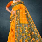 Lunch Break cotton saree in orange and grey with rose flower design