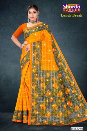 Lunch Break cotton saree in orange and grey with rose flower design