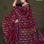 Milan Fashion cotton saree in maroon and navy blue with rose flower design