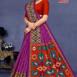 Purple and red sangeet sarovar malai cotton saree with embroidery design