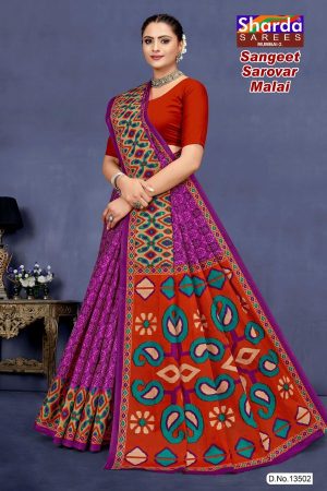 Purple and red sangeet sarovar malai cotton saree with embroidery design