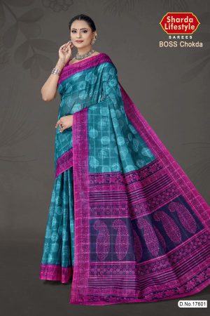 Boss Chokda cotton saree in peacock green and magenta with simple design