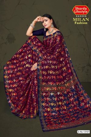 Milan Fashion cotton saree in maroon and navy blue with rose flower design