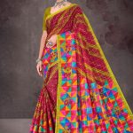 Colour Cinderella cotton saree with dull yellow border and metal red color with multi-color creative design