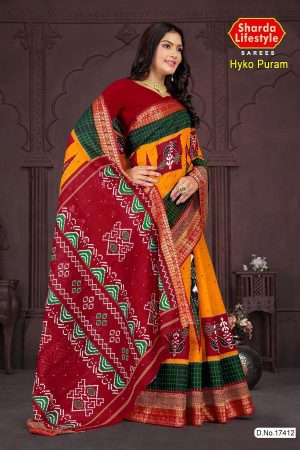 Hyko Puram Cotton Saree in Orange and Red Color with Unique Design