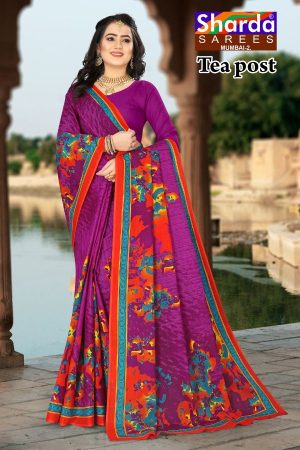 Tea Post Cotton Saree with Purple and Orange with Authentic Design