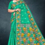 Lunch Break cotton saree in light green and grey with rose flower design