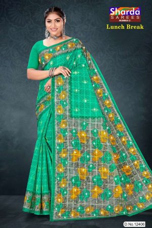 Lunch Break cotton saree in light green and grey with rose flower design