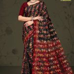 Milan Fashion cotton saree in black and metal red with rose flower design