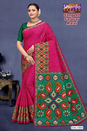 Pink and green sangeet sarovar malai cotton saree with embroidery design