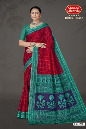 Boss Chokda cotton saree in red and green with simple design